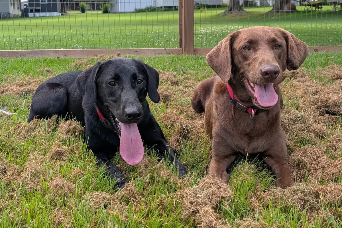 Max, a chocolate Labrador, and Simon, a black Labrador, lying side by side in a fenced back yard